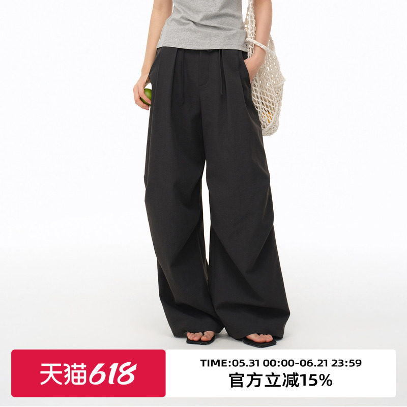 omont蛋挞家舒适高腰宽松休闲物理防晒伞兵裤2026夏阔腿拖地长裤