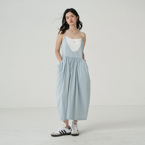 omont蛋挞家 机能抽绳吊带连衣裙女夏季年新款复古中长款裙子