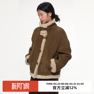 omont蛋挞家100%绵羊毛立领仿皮毛一体短外套2025冬宽松保暖皮草