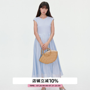 收腰显瘦连衣裙2025夏季 omont蛋挞家复古小飞袖 简约气质中长裙子