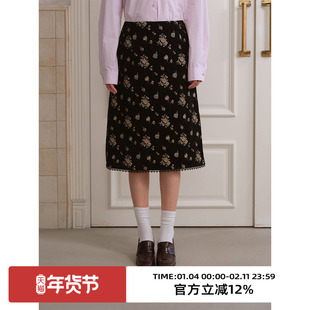 omont蛋挞家复古雪尼尔玫瑰花半身裙2025秋季高腰直筒显瘦中裙子