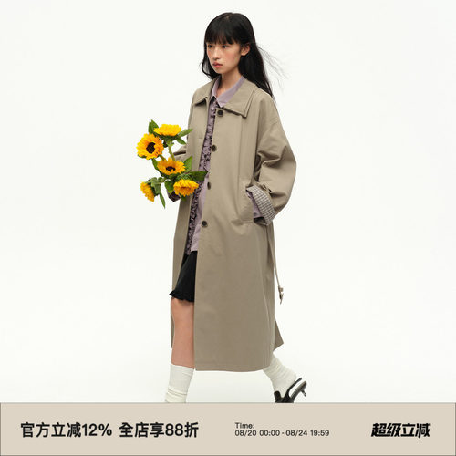 翻领单排扣长款风衣外套