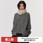 omont蛋挞100%绵羊毛坑条贴袋毛衣2025冬季 高领慵懒套头针织上衣