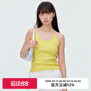 omont蛋挞家度假黄色挂脖外穿吊带背心夏季修身显瘦叠穿露背上衣