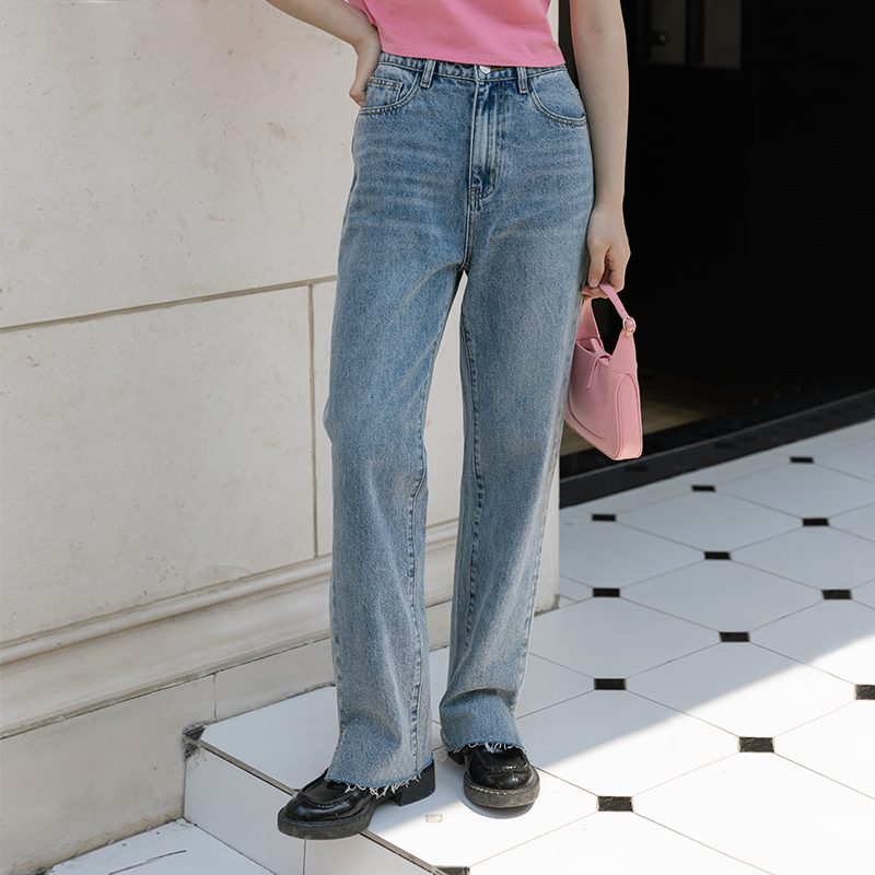 复古毛边开叉显瘦牛仔裤