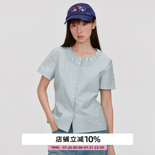 衬衫 omont蛋挞家复古正肩收腰显瘦短袖 2025夏圆领设计感宽松上衣