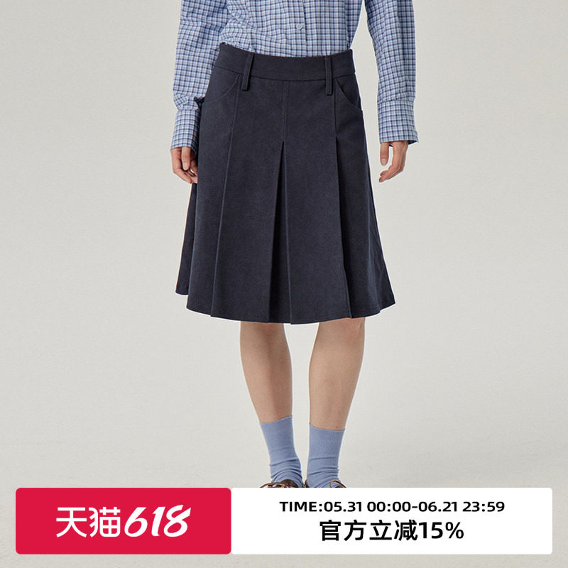 omont蛋挞家 复古麂皮百褶裙半身裙秋中腰显瘦学院风a字裙子