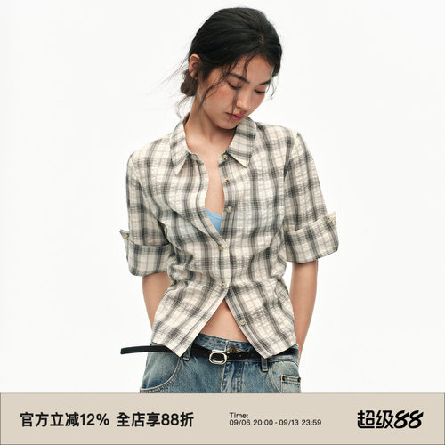 复古格纹修身收腰显瘦短袖衬衫