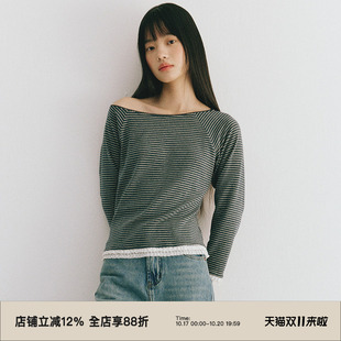 omont蛋挞家复古一字领条纹长袖T恤春秋季修身漏肩显瘦打底衫上衣