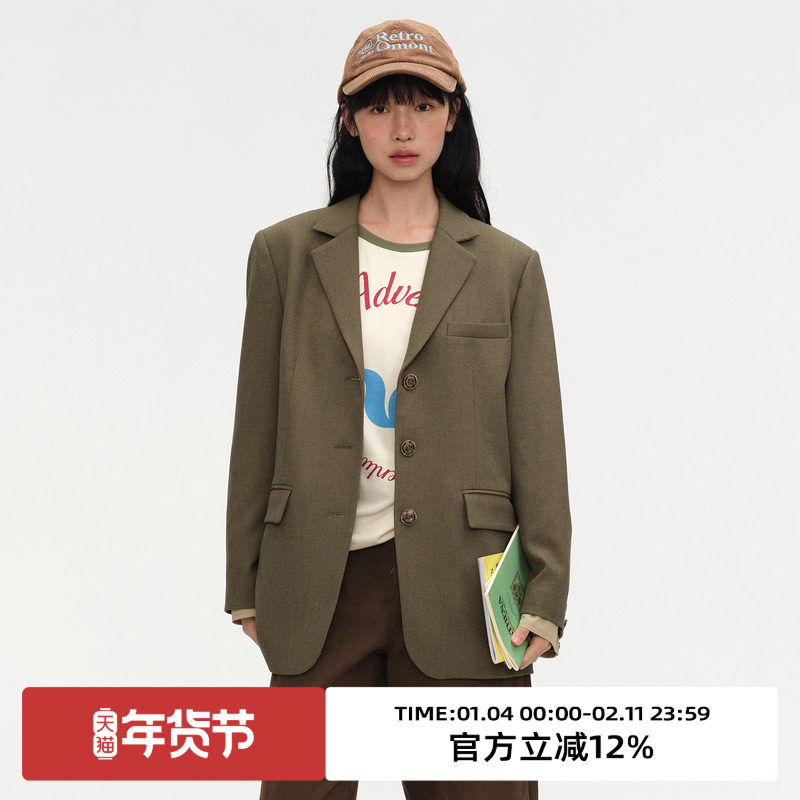 omont蛋挞家复古单排扣西装外套2025秋季正肩宽松休闲学院感西服,女装/女士精品,西装,淘宝优惠券,粉丝福利购,淘宝优惠卷