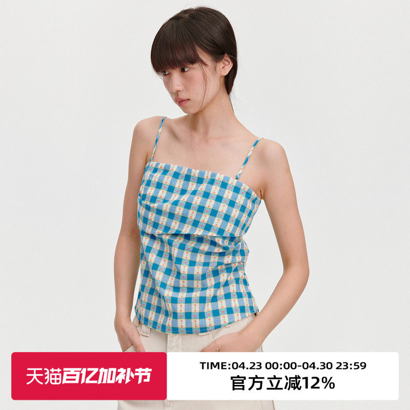 omont蛋挞家复古蓝白格子吊带背心春夏季度假风修身显瘦抹胸上衣