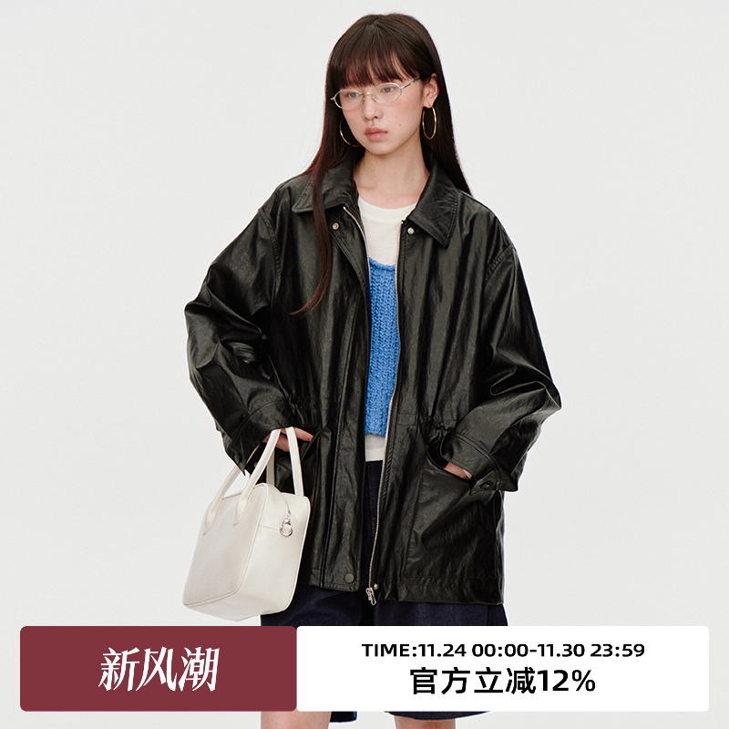 PU面料/腰部收绳/皮衣外套