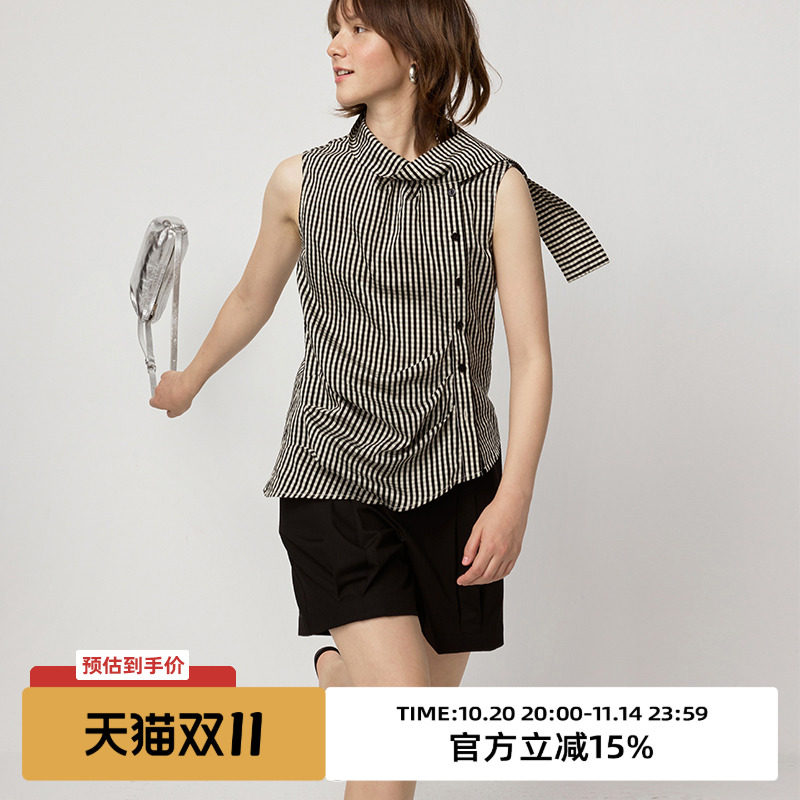 【Pan推荐】omont蛋挞家复古系带无袖衬衫春别致修身显瘦上衣