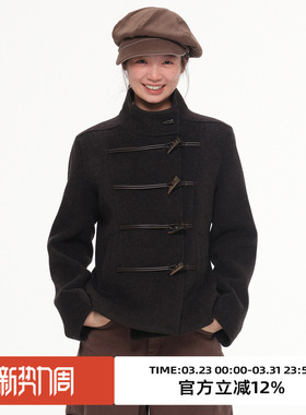 omont蛋挞家50%绵羊毛复古牛角扣毛呢外套2025冬季收腰修身短大衣