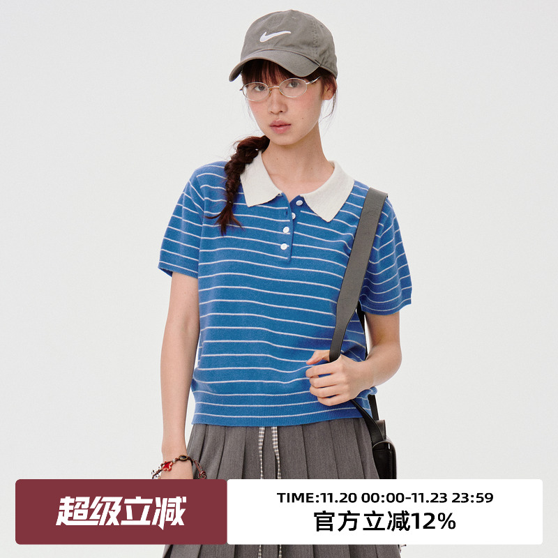 撞色POLO领/条纹短袖针织衫