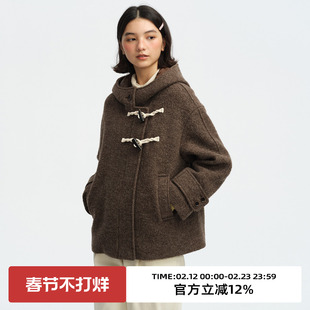 omont蛋挞家复古牛角扣连帽系带毛呢外套2025冬季慵懒宽松短大衣