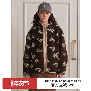 omont蛋挞家复古花色立领仿羊羔毛棉服外套2025秋冬宽松休闲上衣