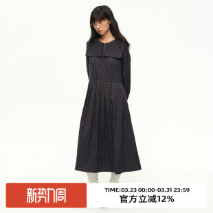 收腰中长裙 连衣裙2025秋季 omont蛋挞家复古海军领学院风格 纹长袖