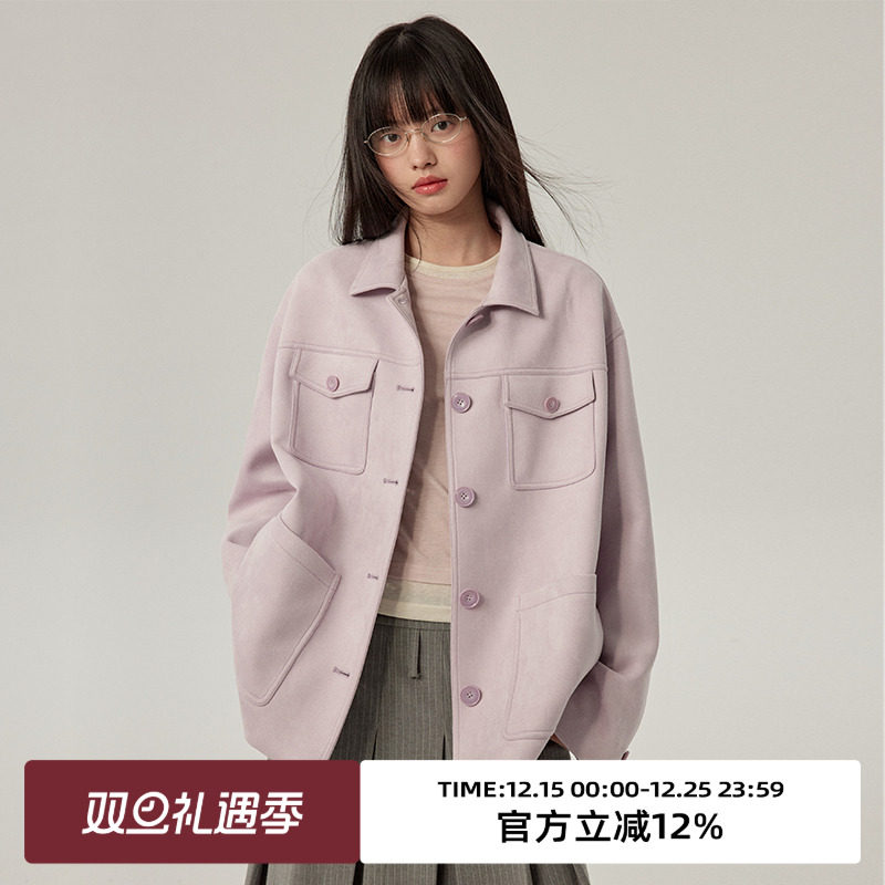 落肩/一手长/翻领麂皮外套