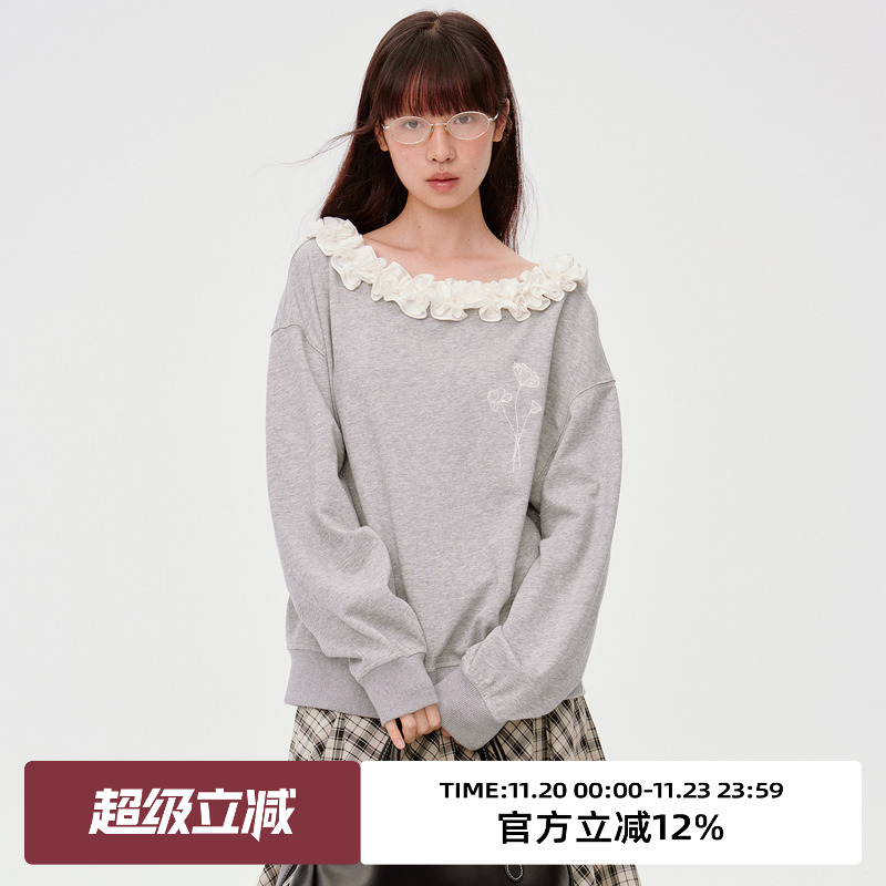 一字肩荷叶边/蕾丝贴布绣花卫衣