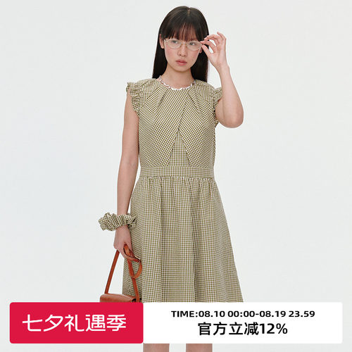 复古格纹/领口捏褶设计连衣裙