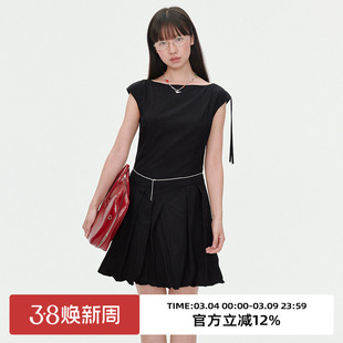 omont蛋挞家一字肩收腰显瘦短款连衣裙2025夏复古小个子百褶裙子