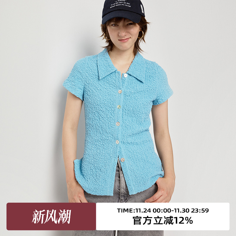 omont蛋挞家修身单排多扣短袖