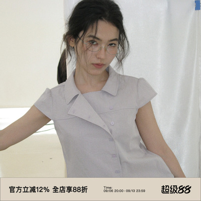 复古斜门襟正肩显瘦短袖衬衫