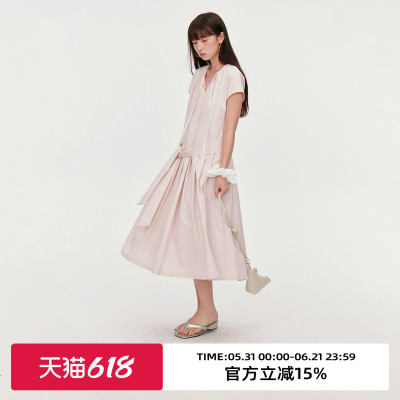 下摆压褶/飞飞袖长款连衣裙