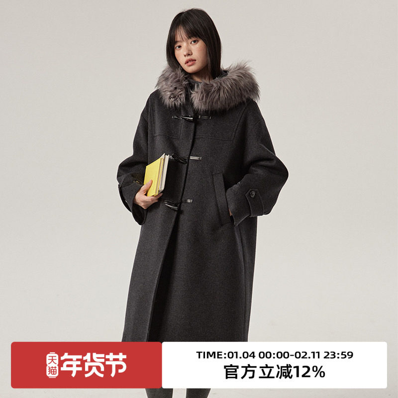 omont蛋挞家50%羊毛复古牛角扣毛呢外套冬毛领连帽中长款大衣,女装/女士精品,毛呢外套,淘宝优惠券,粉丝福利购,淘宝优惠卷