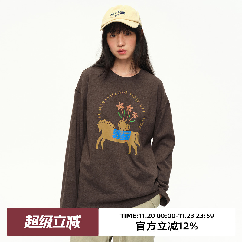 小马印花/圆领宽松休闲长袖T恤