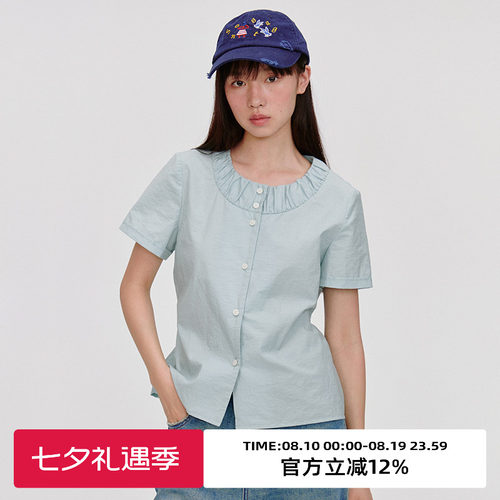 抽皱领/小正肩撞色纽扣短袖衬衫