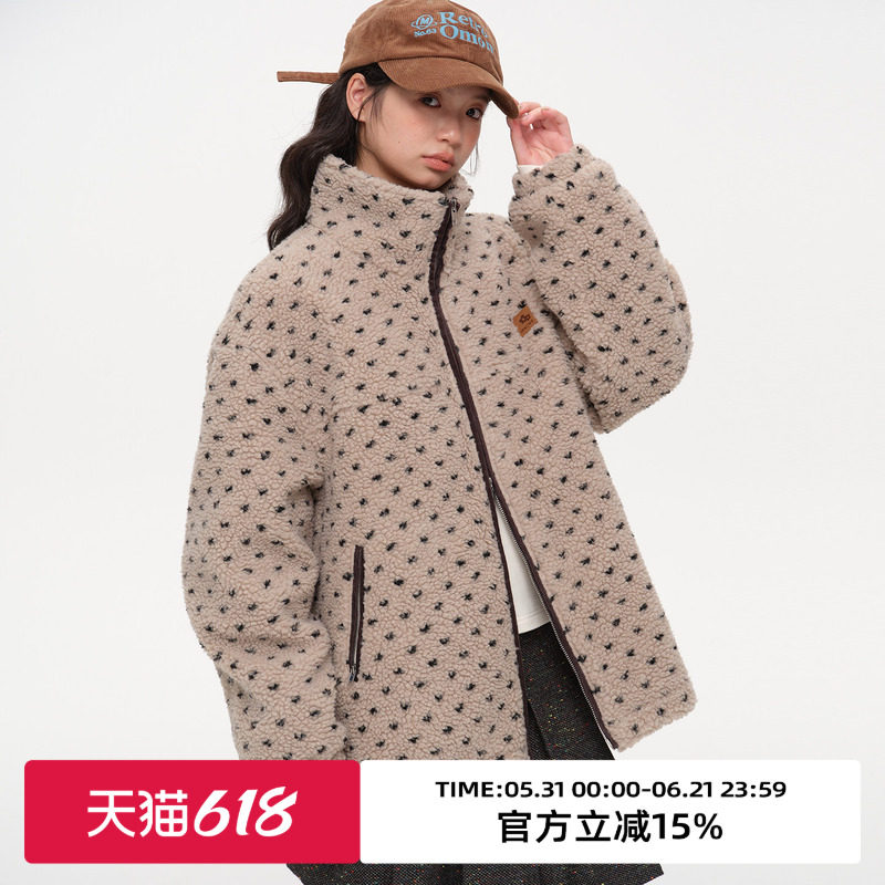 omont蛋挞家复古波点仿羊羔毛棉服外套2025冬立领宽松休闲厚上衣