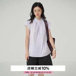 襯衫 女夏季 小飛袖 新款 復(fù)古寬松顯瘦紫色上衣 立領(lǐng)短袖 omont蛋撻家