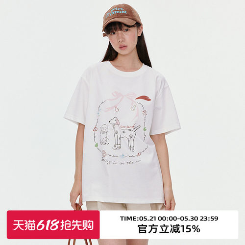小狗线条印花/宽松圆领短袖T恤