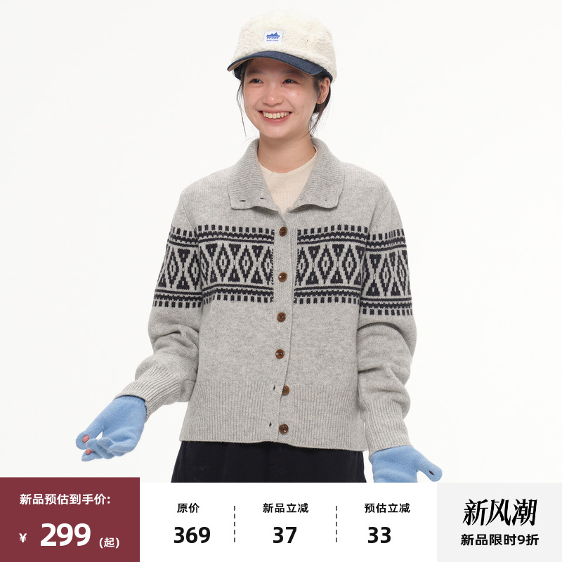 复古费尔岛立领针织开衫毛衣