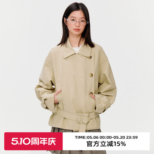 复古双排扣短款风衣外套