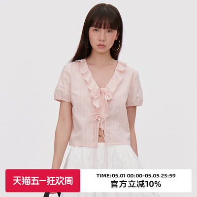 荷叶边/系带/宽松型短袖衬衫