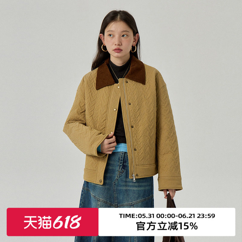 omont蛋挞家 复古绗棉外套女冬季新款撞色轻薄短款夹克棉服