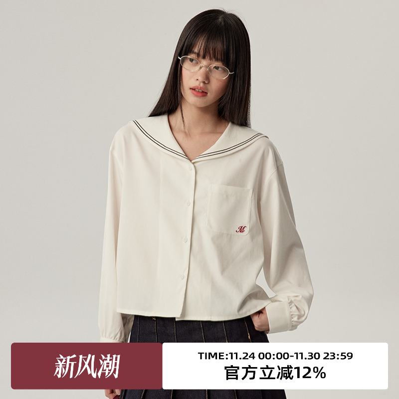 海军领/短款/刺绣长袖衬衫