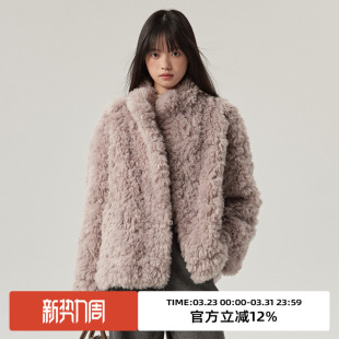 omont蛋挞家复古立领紫色环保皮草厚外套冬皮毛一体毛毛外套