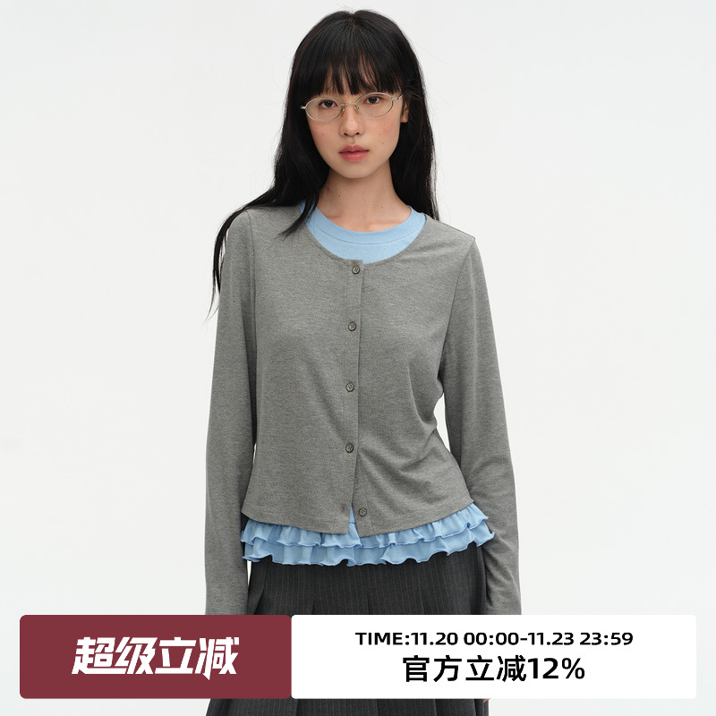 假两件/荷叶边下摆/圆领长袖T恤