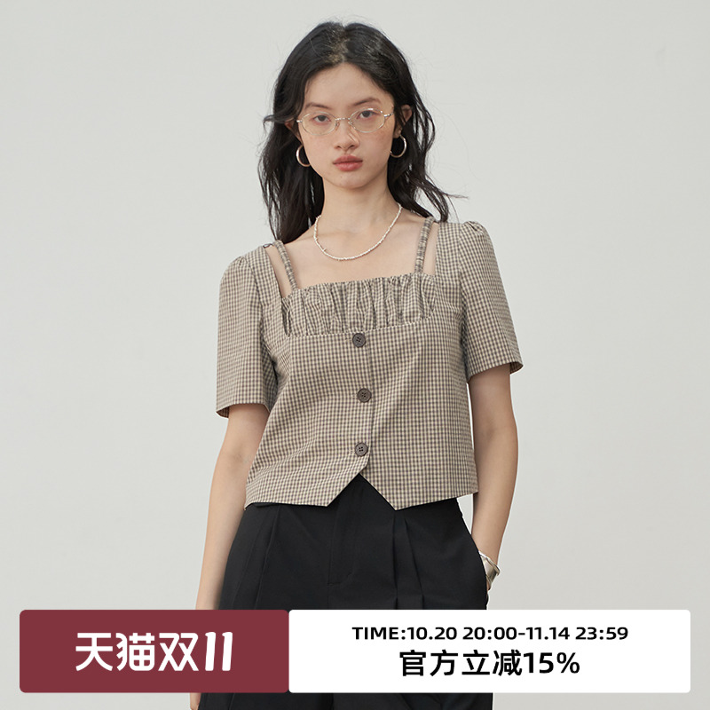 omont短款复古单排扣短袖衬衫