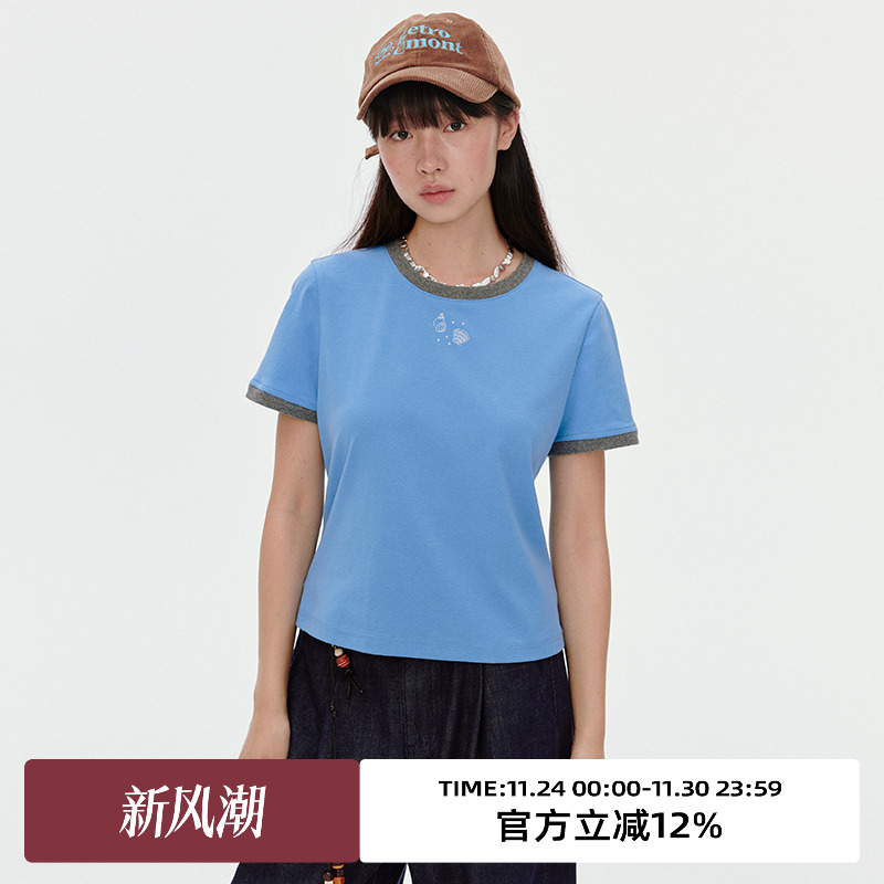 撞色拼接罗口/贝壳图案短袖T恤