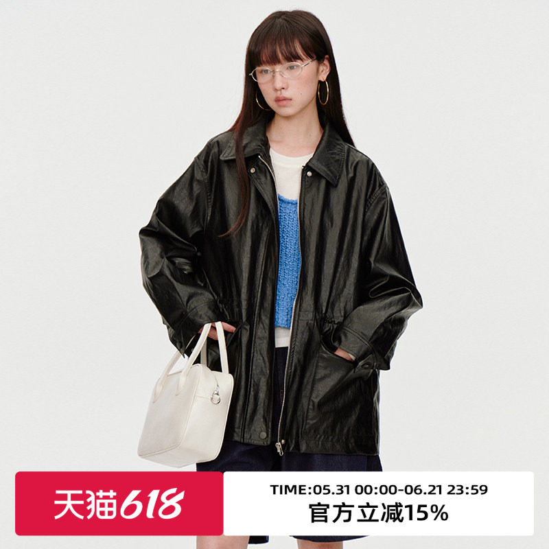 omont蛋挞家 复古黑色PU皮翻领皮衣外套春秋季宽松休闲中长上衣