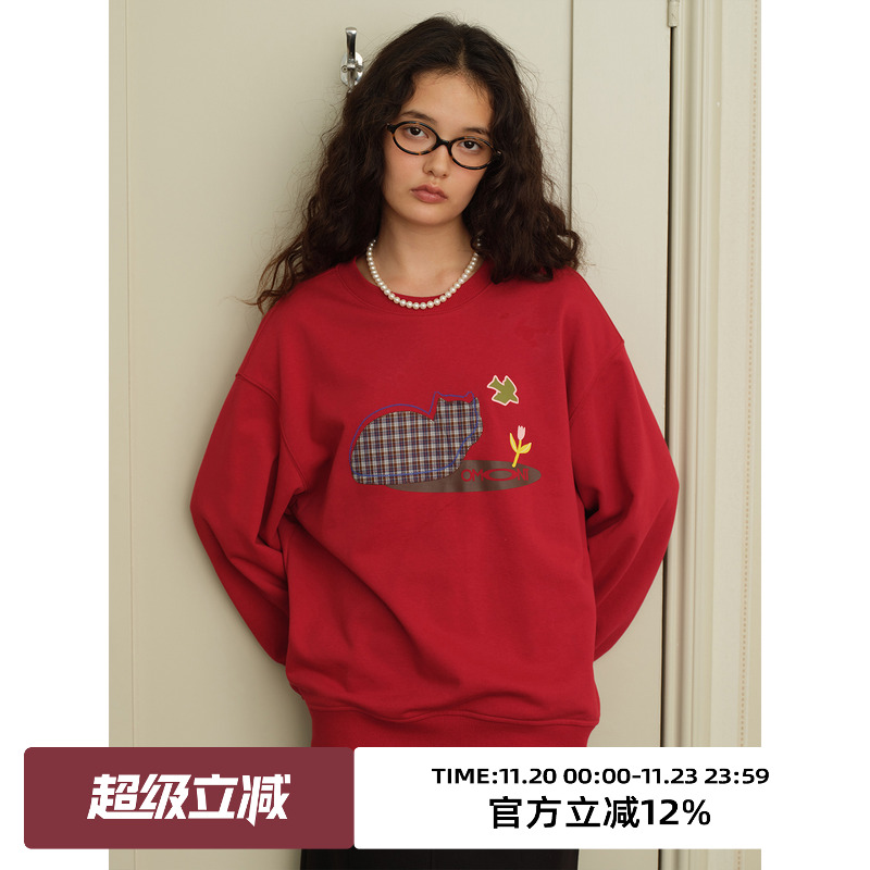 复古小猫贴布绣宽松休闲卫衣