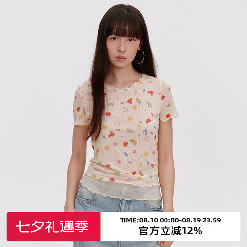 印花网纱/小圆领/撞色花边T恤