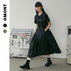 omont蛋挞家 复古拼接黑色连衣裙新款设计感学院风大摆裙裙子女夏