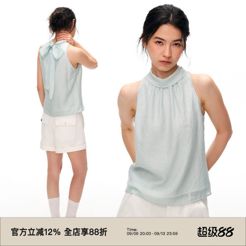 复古飘带领挂脖无袖吊带上衣