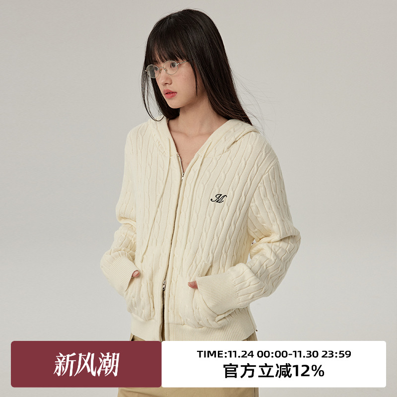 双拉链设计/麻花/连帽针织开衫